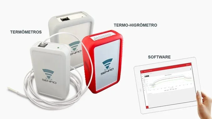 Termômetros brancos, um termo-higrômetro vermelho e um tablet com o painel do Monitore.